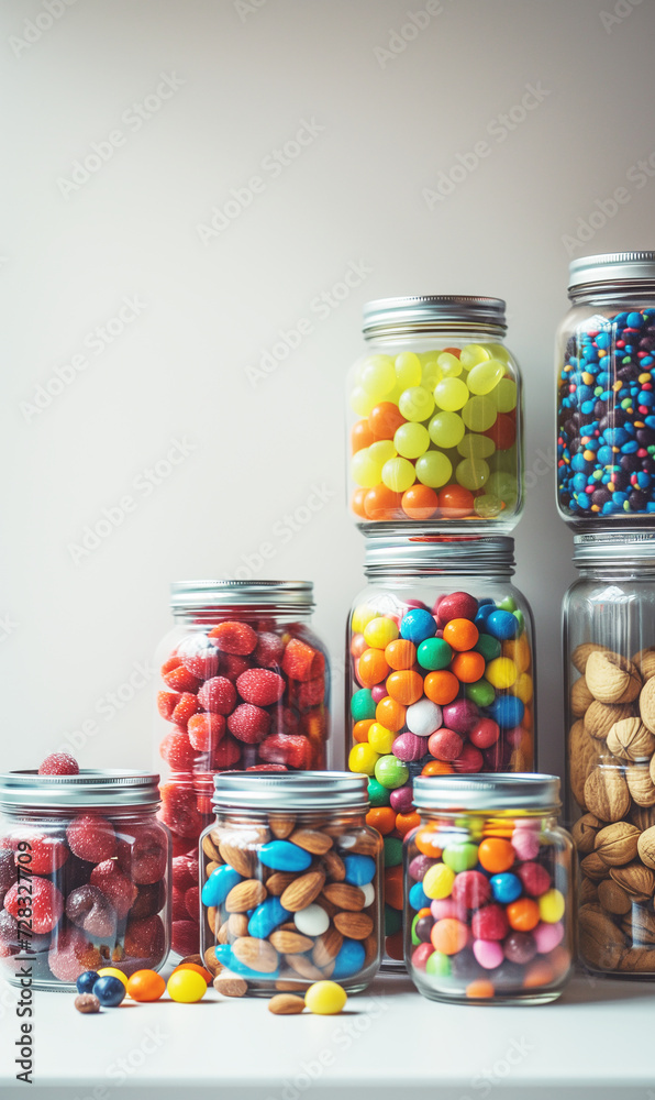 multiple jars of candy, fruit, nuts and candy pieces on a white surface multiple jars of candy, fruit, nuts and candy pieces on a white surface
