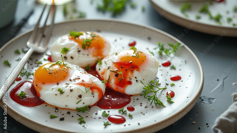 Eggs meurette or poached eggs with red wine sauce closeup on the plate on the table Eggs meurette or poached eggs with red wine sauce closeup on the plate on the table