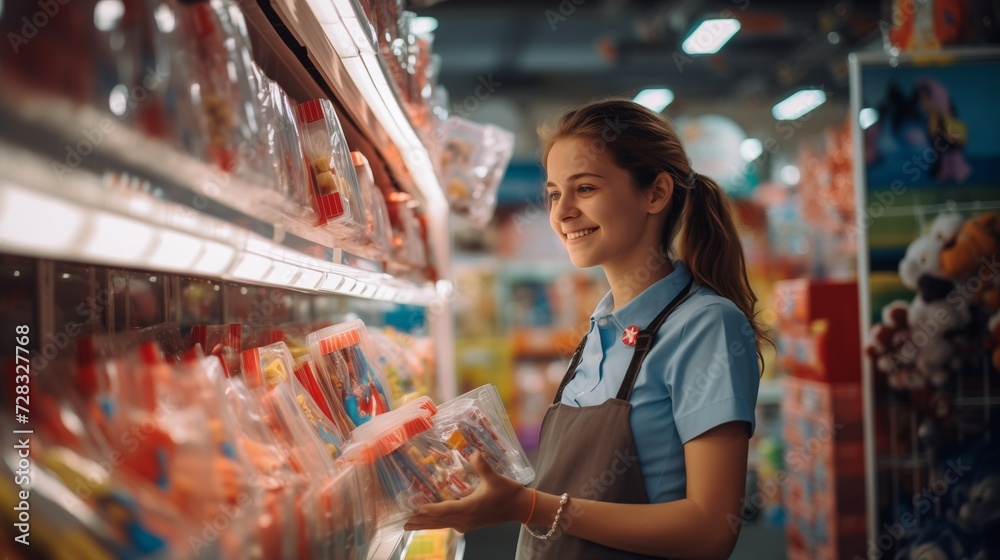 Cheerful saleswoman arranging colorful toys on shelves in a lively toy store, conveying a sense of job satisfaction and passion for her work in a bright and inviting retail environment.