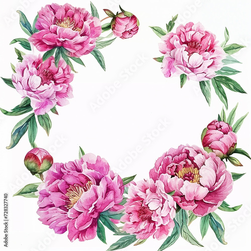 round frame with peonies in the glamour style  golden glitter watercolor illustration on white background