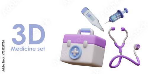 Medical kit concept. Home first aid kit. Accessories for doctors and nurses