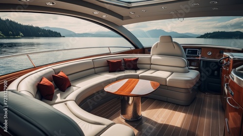 A minimalistic luxury yacht interior with polished wood and leather accents. © olegganko