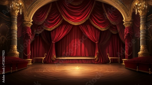 A vacant theater stage surrounded by ornate gold curtains and a majestic red velvet backdrop.
