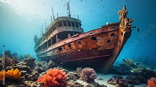 A mysterious shipwreck encrusted with colorful coral and inhabited by curious...