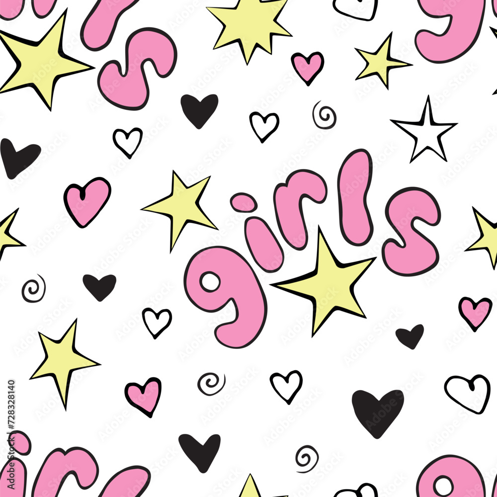 Girls - hand drawn vector seamless pattern with lettering for your design. Cute bright background, texture Girls - hand drawn vector seamless pattern with lettering for your design. Cute bright background, texture