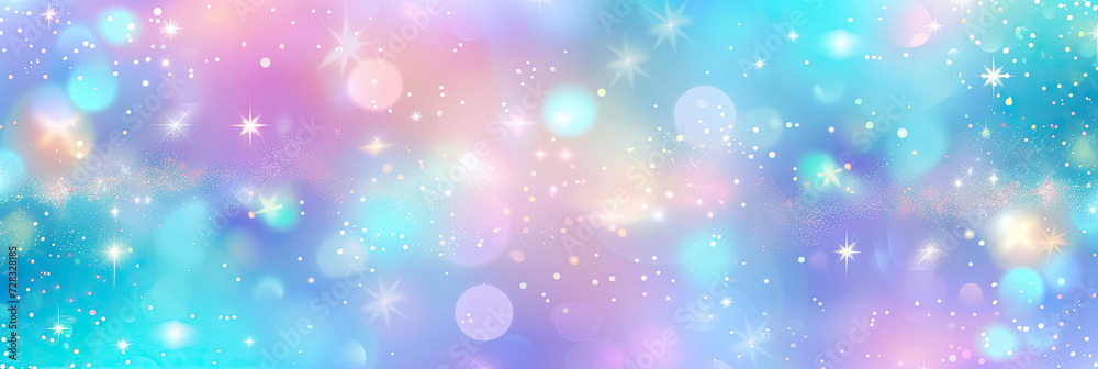 Abstract blurred bokeh light background , blue unicorn background. Pastel watercolor sky with glitter stars and bokeh. Fantasy space galaxy with holographic texture. banner poster template