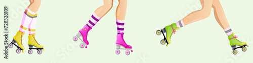 Hand drawn trendy illustration of legs and rollerblades. Roller skates and female legs vector design for web banner poster card.