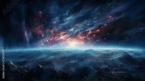 A serene cosmic landscape with a solitary, distant supernova illuminating the dark expanse. © olegganko