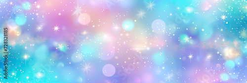 Abstract blurred bokeh light background , blue unicorn background. Pastel watercolor sky with glitter stars and bokeh. Fantasy space galaxy with holographic texture. banner poster template