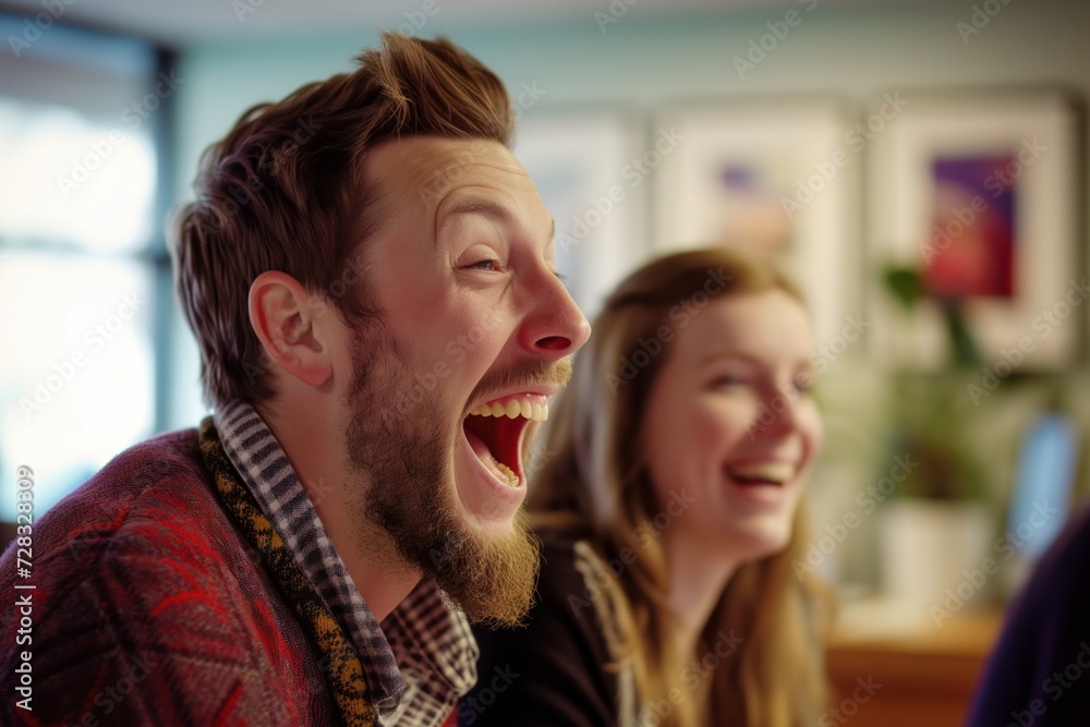 Cheerful people have fun on April Fools Day during break at workplace. Colleagues play practical jokes surprising friend on April Fools Day Cheerful people have fun on April Fools Day during break at workplace. Colleagues play practical jokes surprising friend on April Fools Day