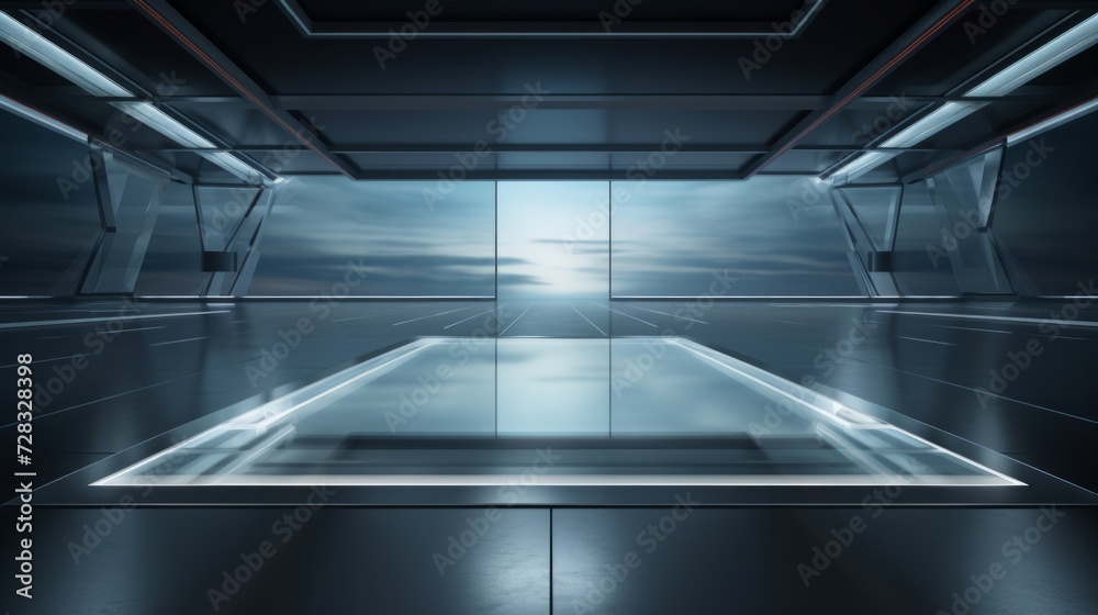 Obraz premium An elegant empty catwalk with a gleaming glass floor and a modern, metallic backdrop.