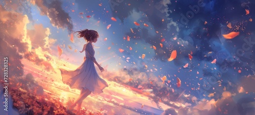 Anime-style illustration of a joyful girl amidst a fantasy sunset with a whirlwind of petals, capturing a moment of freedom and elation against a radiant sky of fiery oranges and soft pinks.