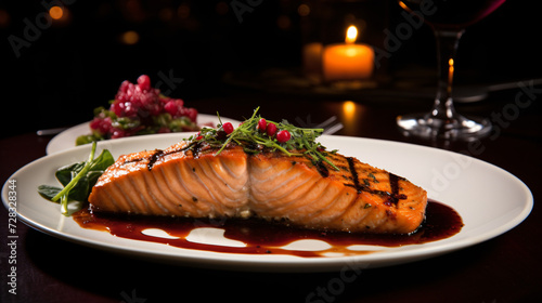 Dark atmospheric restaurant serves gourmet salmon