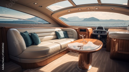 A minimalistic luxury yacht interior with polished wood and leather accents.