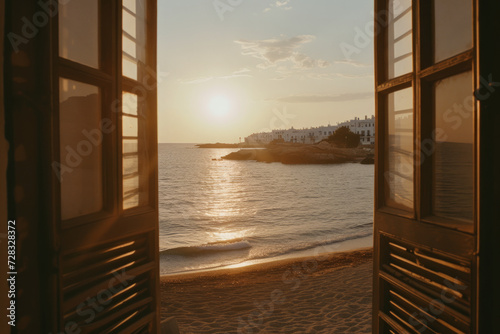 View through an open window with shutters, to see a sandy beach, rocky coastline, lovely small town and beautiful golden sky with sunsetting... © Kuo
