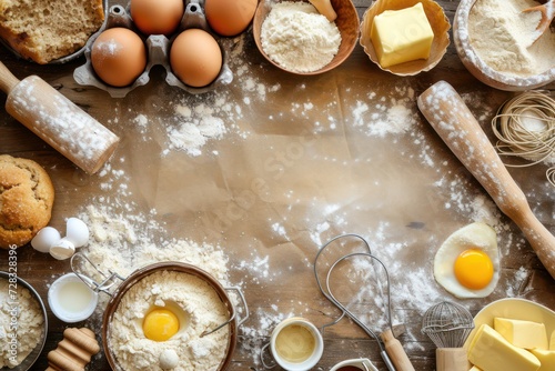 Top view of various bakery ingredients and items such as eggs, butter, flour, sugar, rolling pin, measure cups, hand whisk and serving scoop