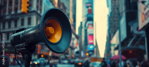 Sharp image of a megaphone against a vibrant, blurred city street scene, symbolizing communication in the hustle of urban life