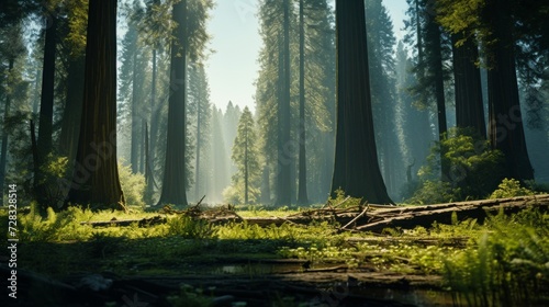 A tranquil forest clearing stage with towering redwoods and dappled sunlight.