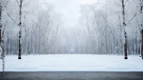 An empty catwalk amidst a pristine snowy forest, with trees draped in white.