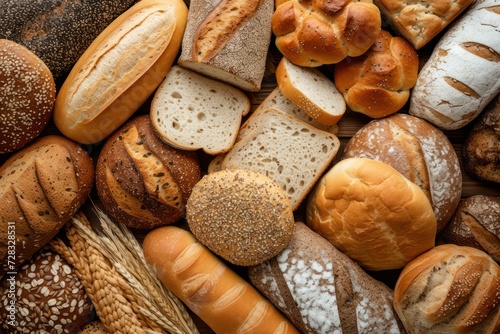 Top view of various kinds of breads like brunch bread, rolls, wheat bread, rye bread, sliced bread, wholemeal toast, spelt bread and kamut bread. 