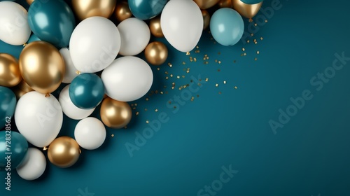 abstract minimalist background with blue and gold balloons frame.