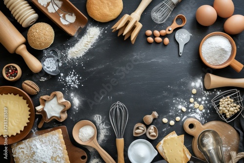 Top view of various pastry utensils such as a rolling pin, measure cups, hand whisk and serving scoop, and baking mold disposed all around the image on black background. 