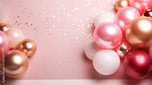 abstract minimalist background with pink and gold balloons.