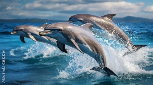 A playful pod of dolphins  leaping and frolicking in the sparkling blue sea.