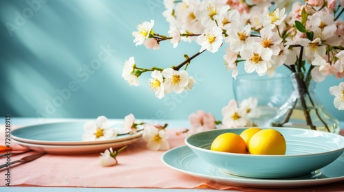 A vibrant spring celebration scene featuring a floral tablecloth and colorful...