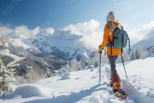 Young woman snowshoeing in the mountain. 