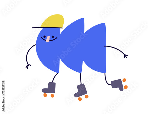 Funny comic character on roller skates. Cute fun fancy sport shape in cap. Cool modern trendy abstract figure. Kids childish fiction flat vector illustration isolated on white background