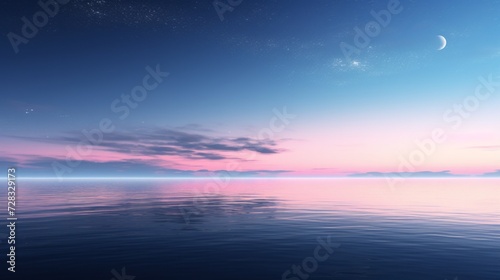 A tranquil space scene with a crescent moon casting a soft, silvery glow over a serene landscape. © olegganko