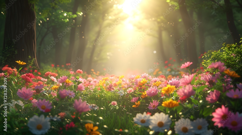 Obraz premium Landscape of Spring Blooms in Enchanted Forest: Diverse and Flowing Elegance (3F)