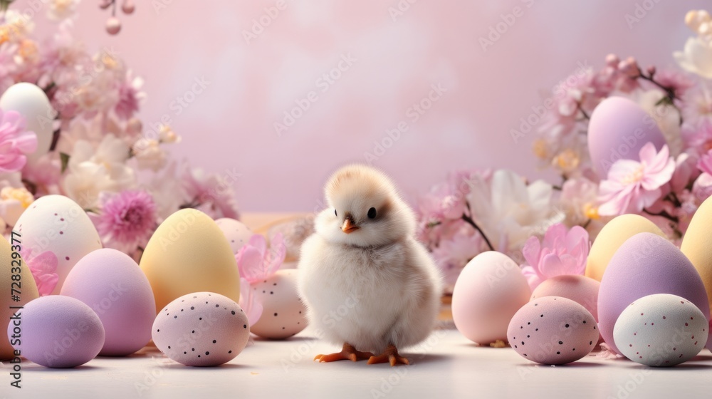 A serene stage adorned with pastel Easter banners, blooming flowers, and colorful egg accents.