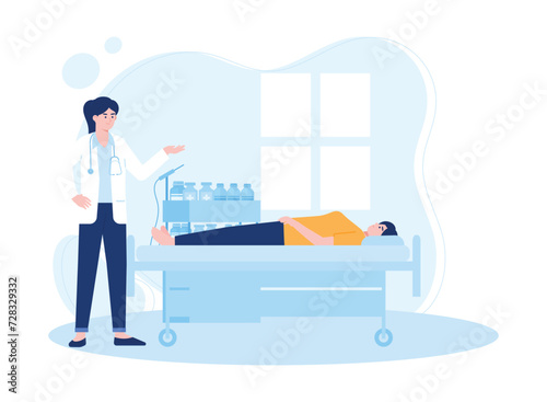 woman lying in hospital bed and doctor examining. patient consultation. concept flat illustration