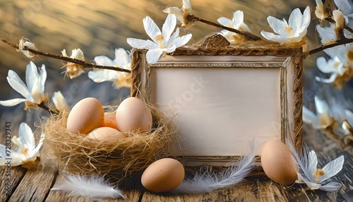 Easter natural background with eggs, blooming magnolia branches and frame with space for text