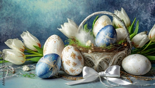 Easter background in blue with Easter eggs, basket and flowers