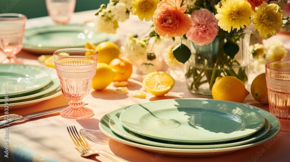 A vibrant spring celebration scene featuring a floral tablecloth and colorful tableware. A vibrant spring celebration scene featuring a floral tablecloth and colorful tableware.