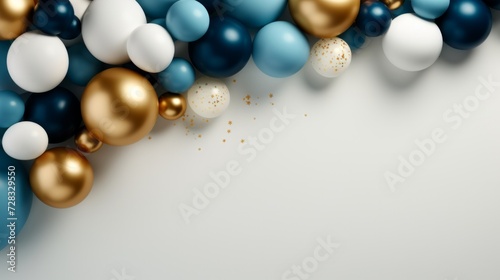 abstract minimalist background with blue and gold balloons frame.