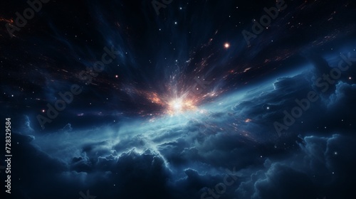 A serene cosmic landscape with a solitary, distant supernova illuminating the...