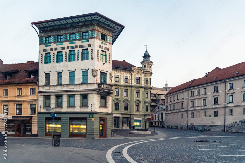 Slovenia, Ljubljana, Buildings surrounding empty Presernov Trg square Slovenia, Ljubljana, Buildings surrounding empty Presernov Trg square