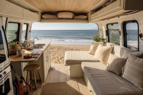 Campervan, recreational vehicle on the beach. The concept of travelling by motorhome