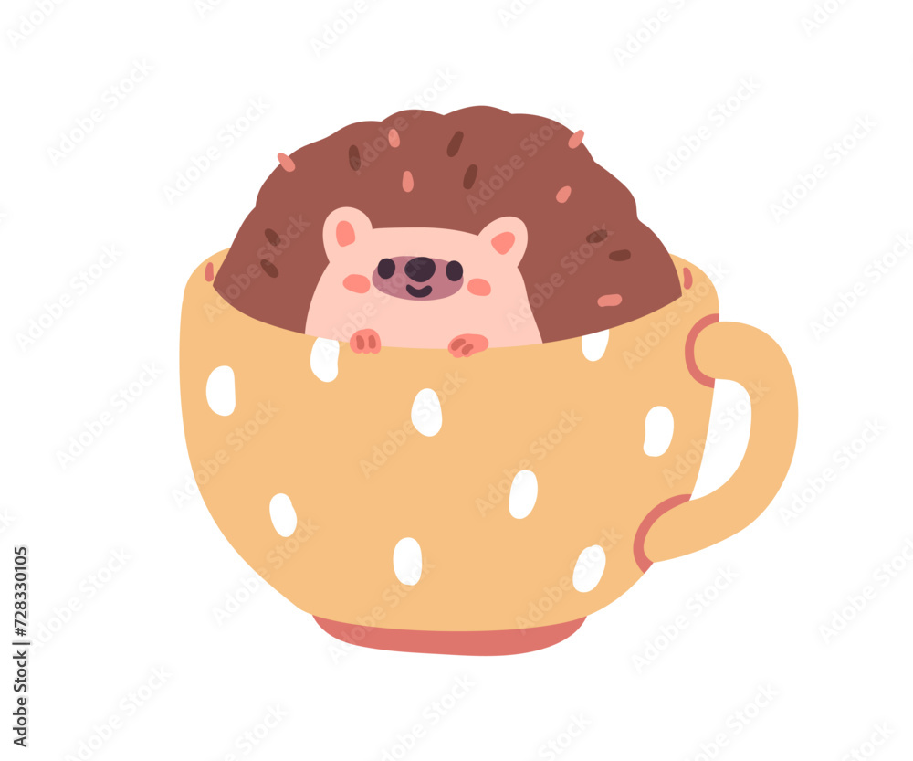Cute hedgehog peeking, looking from behind cup. Funny forest animal playing, hiding in teacup. Kawaii adorable lovely baby character. Childish flat vector illustration isolated on white background Cute hedgehog peeking, looking from behind cup. Funny forest animal playing, hiding in teacup. Kawaii adorable lovely baby character. Childish flat vector illustration isolated on white background