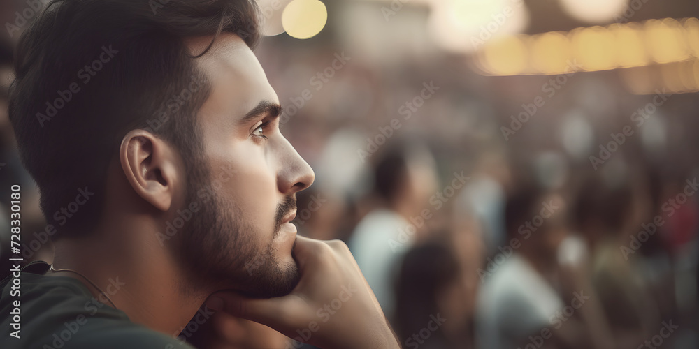 Bearded man watches sports game on stadium spectator places closeup. Football fan interested in match touches chin against blurry crowd Bearded man watches sports game on stadium spectator places closeup. Football fan interested in match touches chin against blurry crowd