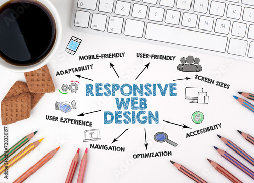 Responsive Web Design Concept. Chart with keywords and icons. White office desk photo