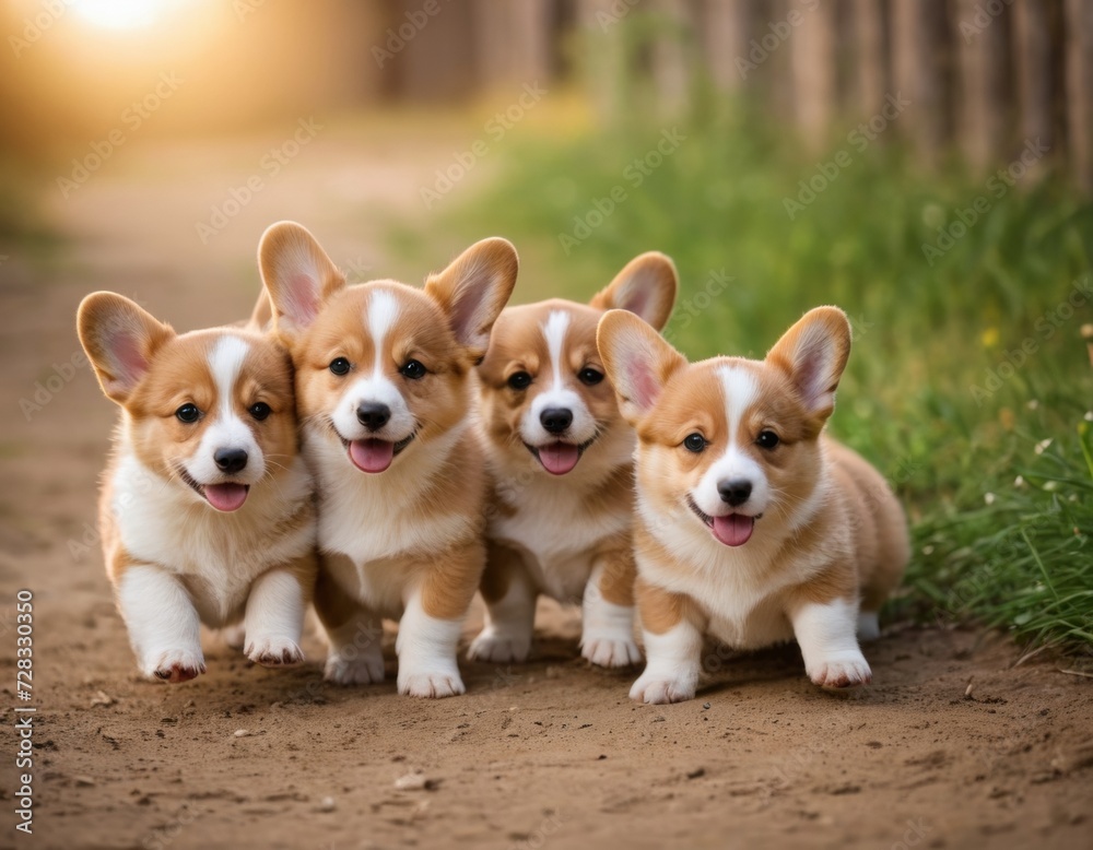 Corgi puppies on a walk.