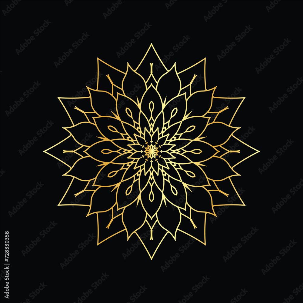 Golden mandala on a black background, vector illustration.