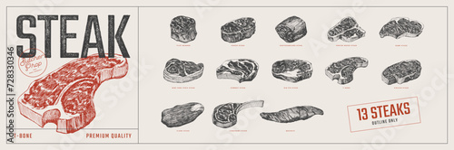 Big set of slices meat steaks. Cowboy, Mignon, T-bone, Chateaubriand, Rump, New York Strip, Sirloin, Tomahawk and T-bone. Hand-drawn vector illustrations. Design element for packaging, label, menu. photo