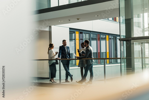 Business colleagues having discussion on walkway photo