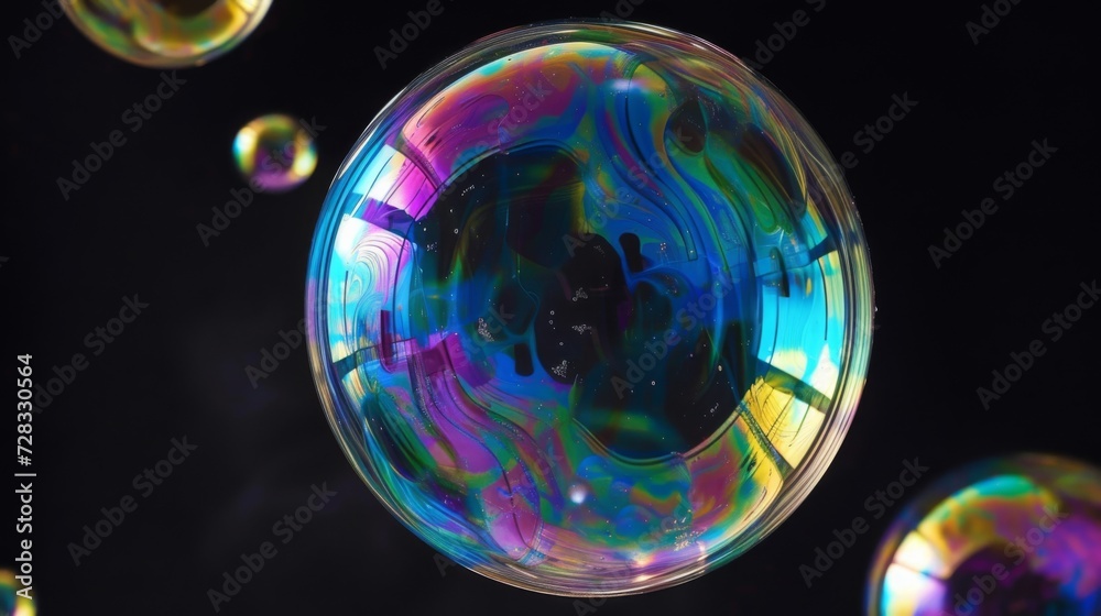 Closeup of a shiny soap bubbles with reflection on black background Closeup of a shiny soap bubbles with reflection on black background
